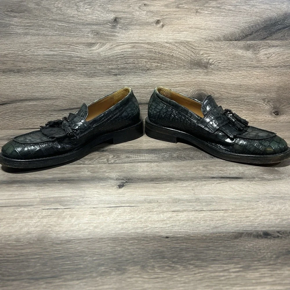 Jo Ghost Mens Green Leather‎ Loafers Size 41  Crocodile Print Square Dress Shoes